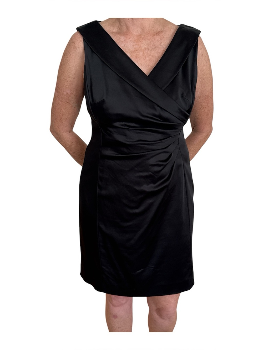 Classic Black V-Neck Satin Sheath Tahari Dress